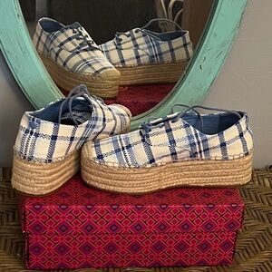 Tory Burch Blue and White Plaid Espadrille Dress Shoes